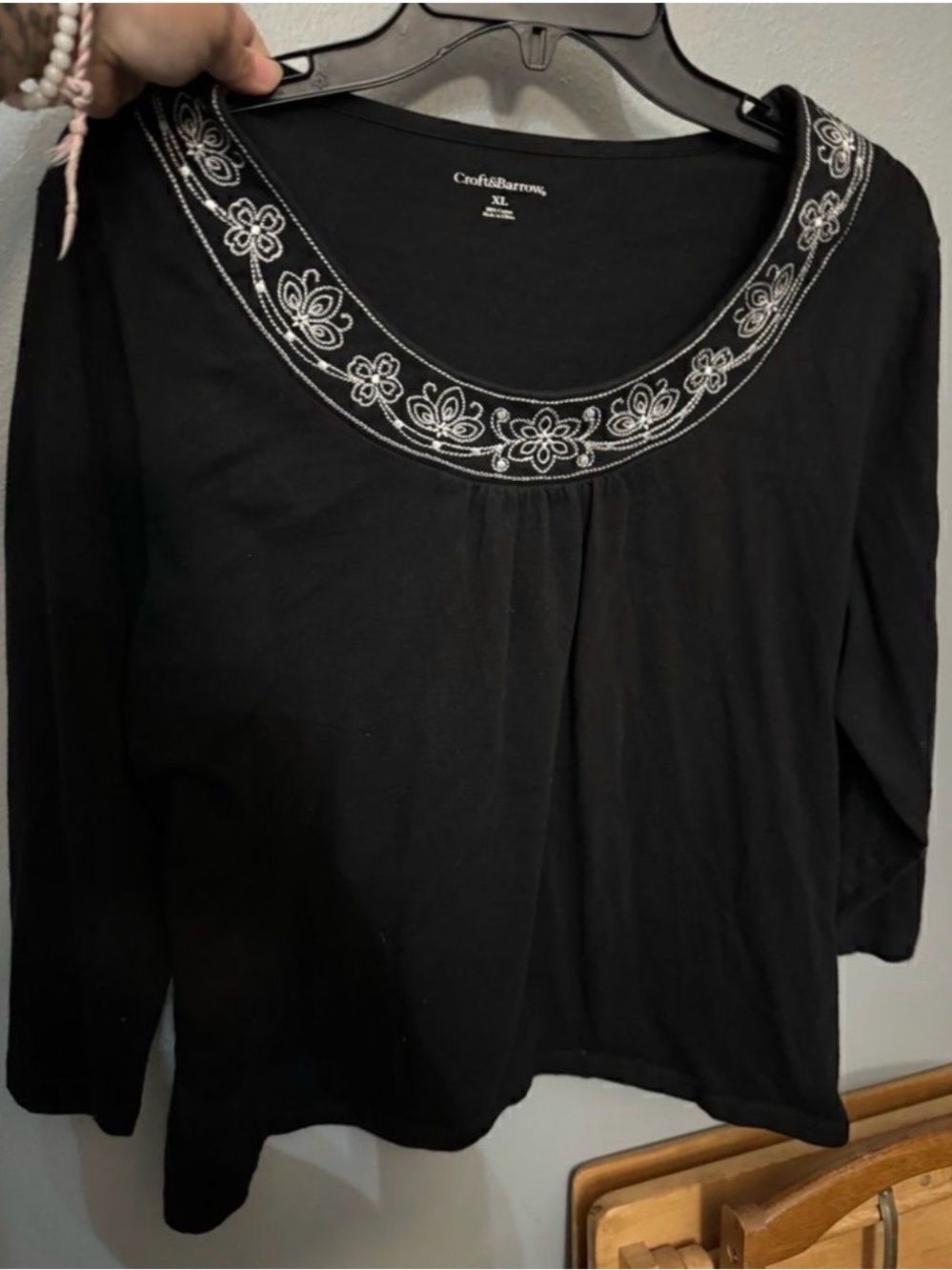 croft & barrow Black Long Sleeve Top with White Embroidered Scoop Neck